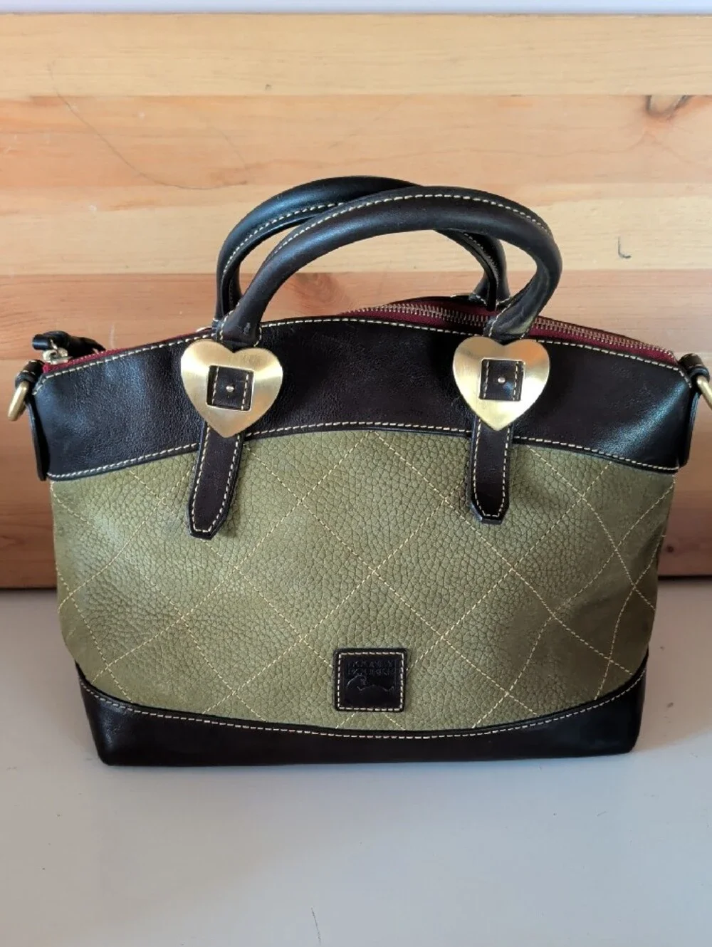 Dooney & Bourke Olive Green Quilted Satchel with Dark Brown Trim, No Strap.🌟🌟